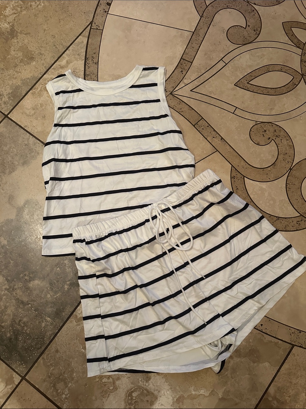 Striped White & Black 2 piece short Set - Women's Tank and Shorts